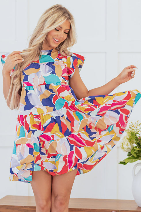 Abstract Print Ruffled Flutter Sleeve A-Line Mini Dress