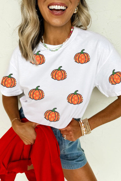 Sequined Star Pumpkin Graphic Round Neck Tee