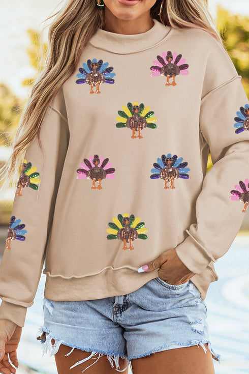 Sequined Turkey Graphic Exposed Seam Mock Neck Sweatshirt