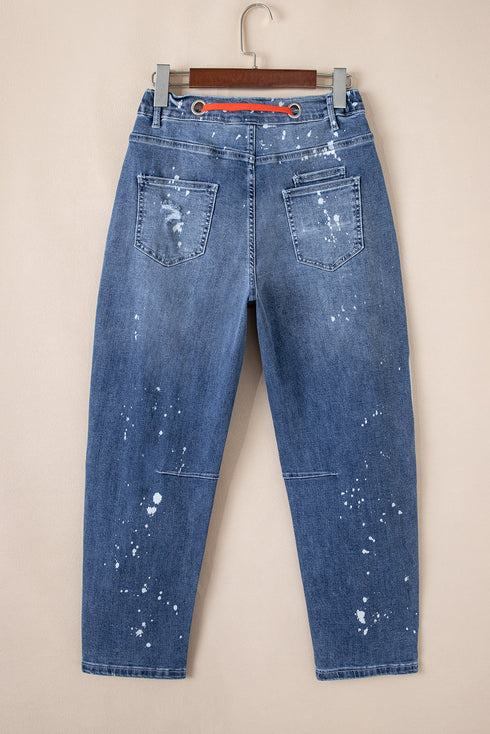 Distressed Splatter Paint Rope Waist Cropped Straight Leg Jeans