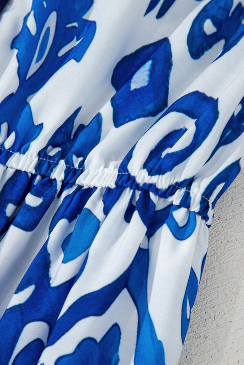 Floral Puff Short Sleeve V Neck High Waist Maxi Dress