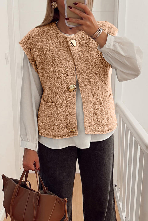 Modern Solid Fuzzy Big Button Accent Pocket Vest