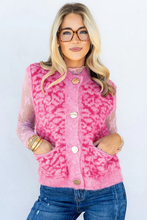 Leopard Print Knit Sleeveless Regular Sweater Vest