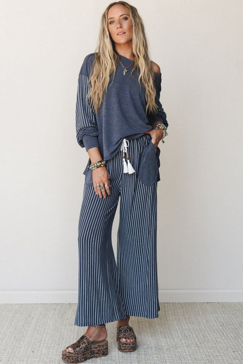 Raw Seam Patchwork Striped Long Sleeve Pant Set
