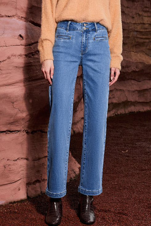 Casual Double Button High Rise Straight Leg Jeans