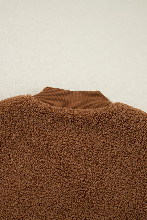 Exclusive Solid Sherpa Fleece Ribbed Collar Bomber Jacket