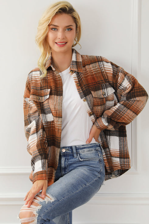 Casual Plaid Print Flap Pocket Button Down Shacket