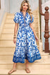 Floral Puff Short Sleeve V Neck High Waist Maxi Dress