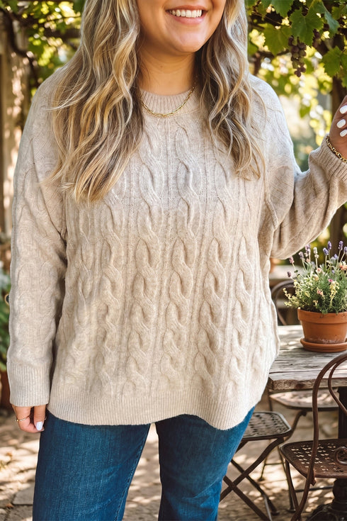 Oversized Cable Knit Long Sleeve Round Neck Tunic Length Sweater