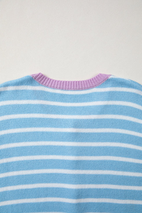 Striped Long Sleeve Round Neck Open Front Cardigan