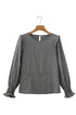 Plaid Shirred Cuff Round Neck Cotton Long Sleeve Blouse