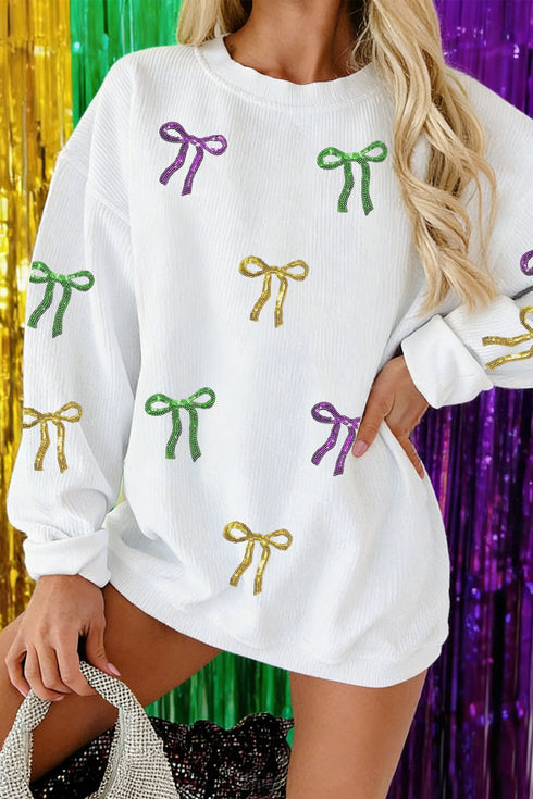 3D Ribbed Sequin Mardi Gras Bow Baggy Graphic Sweatshirt