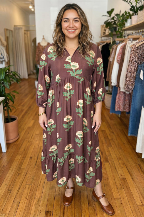 Floral V Neck Long Sleeve Loose Shift Maxi Dress