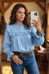 Western Ruffle V Neck Long Sleeve Chambray Blouse