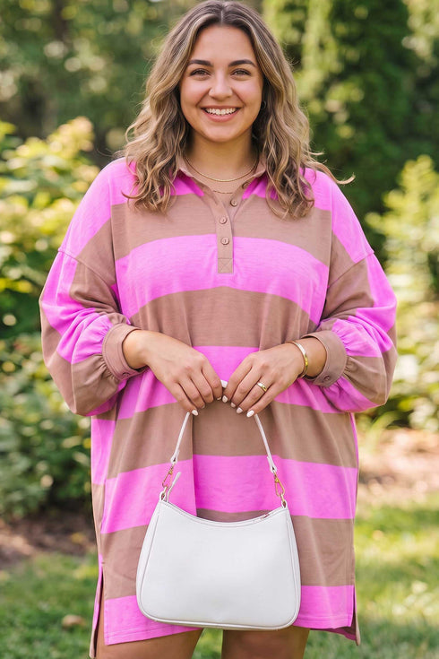 Striped Long Sleeve V Neck Shift Mini Dress
