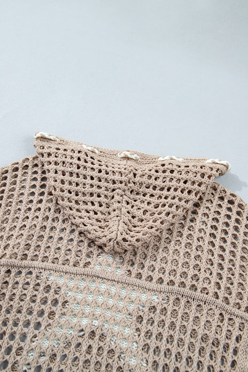 Acrylic Star Pattern Crochet Hooded Drawstring Sweater