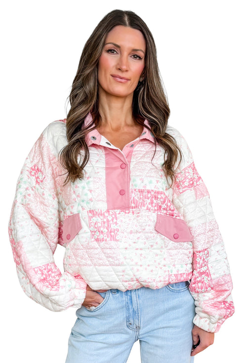 Floral Quilted Half Button Pocketed Pullover Sweatshirt