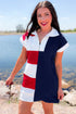 Americana Striped Zip Up Collared T Shirt Mini Dress