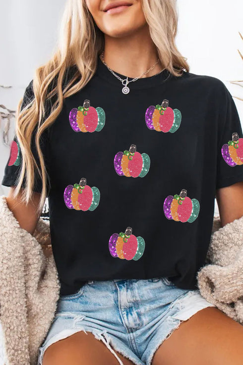 Sequined Pumpkin Graphic Round Neck Statement Tee