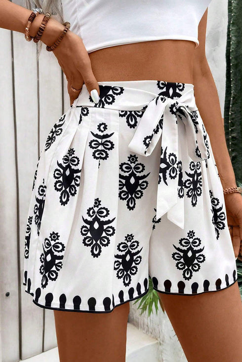 Bohemian Paisley Geometric Print Belted High Waist Casual Shorts