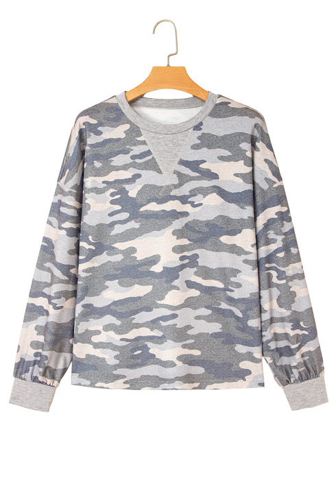 Camouflage Print Round Neck Shift Pullover Long Sleeve Top