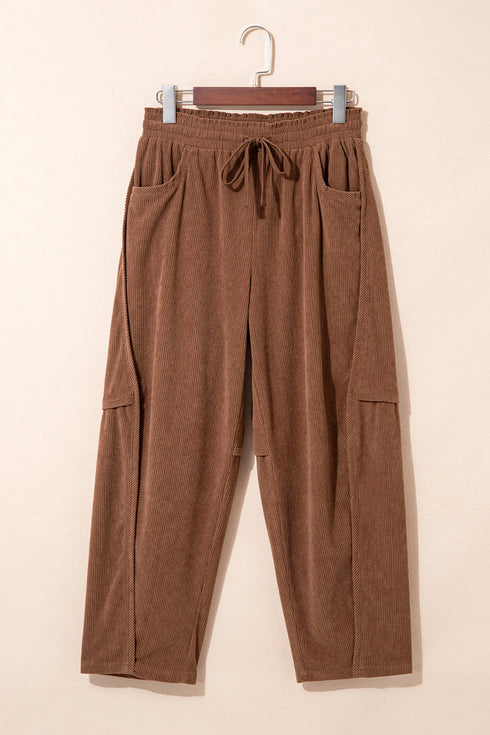 Polyester Corduroy Elastic Waist Drawstring Cargo Pants