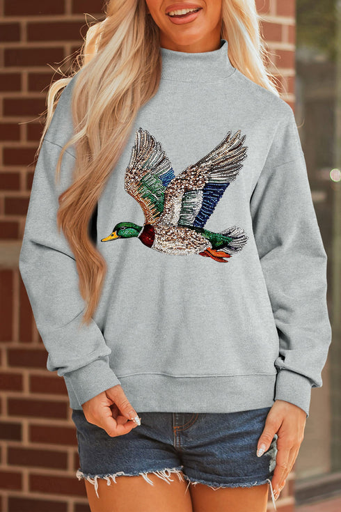 Western Mallard Duck Printed Graphic Baggy Mock Neck Sweatshirt
