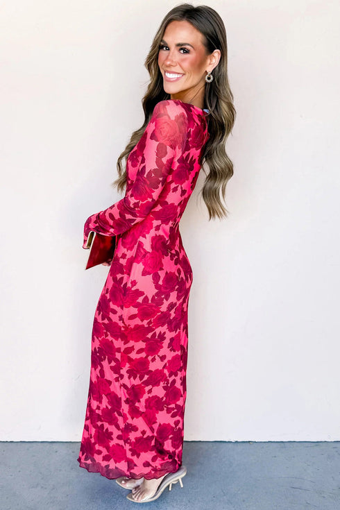 Floral Print Cuff Hem Serging Long Sleeve Sheath Maxi Dress