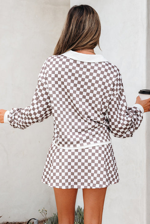 Checkered Polo Collar Long Sleeve Mini Skirt Two Piece Dress