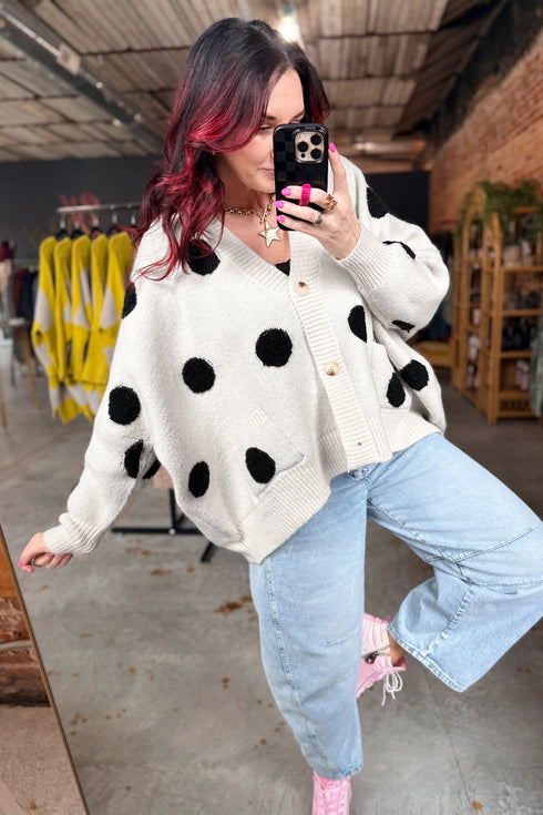 Polka Dot Button Front Oversized V Neck Cardigan
