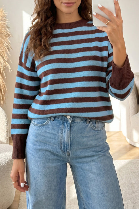 Striped Pattern Loose Crew Neck Cuffed Sweater