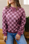 Ribbed Trim Checkered Print Long Sleeve Pullover Top