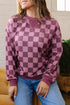 Bold Checkerboard Print Ribbed Trim Pullover Top