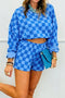 Plaid Long Sleeve Crop Top Elastic Waist Two Piece Short Set