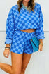 Plaid Long Sleeve Crop Top Elastic Waist Two Piece Short Set