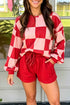 Checkerboard Plaid Long Sleeve Top Clean Finish Short Set