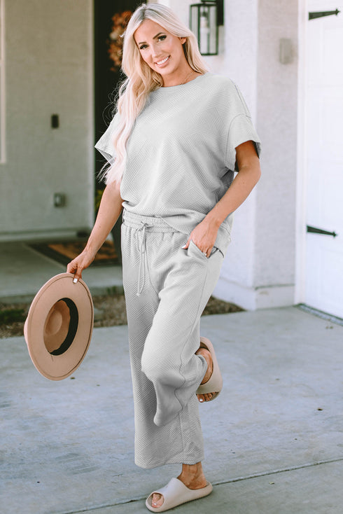 Textured Solid Loose Fit Wide Leg Pant Set
