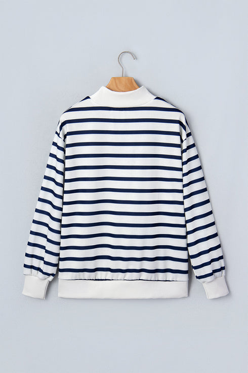Striped Mock Neck Long Sleeve Ribbed Cuff Hem Sweatshirt