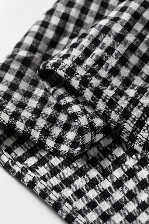 Plaid Shirred Cuff Round Neck Cotton Long Sleeve Blouse
