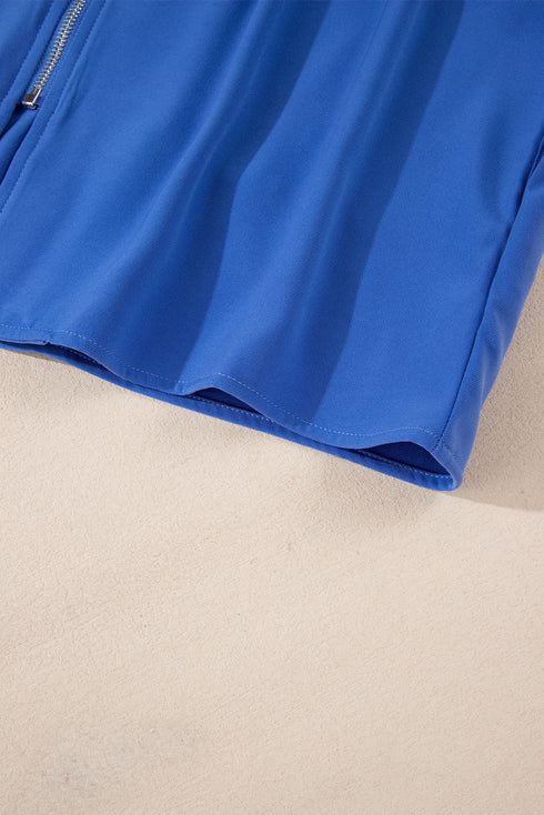 Collared Tab Sleeve Zip Up Flap Detail Casual Jacket