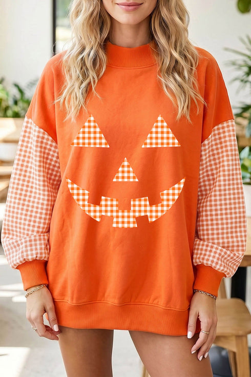 Pumpkin Face Graphic Plaid Pattern Sleeve Sweatshirt