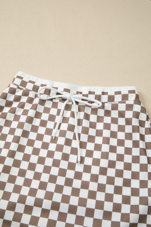 Checkered Polo Collar Long Sleeve Mini Skirt Two Piece Dress