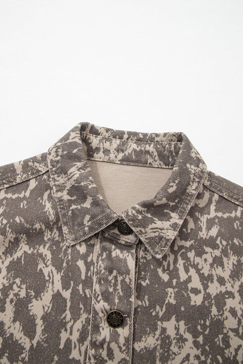 Abstract Print Long Sleeve Collar Raw Hem Denim Jacket