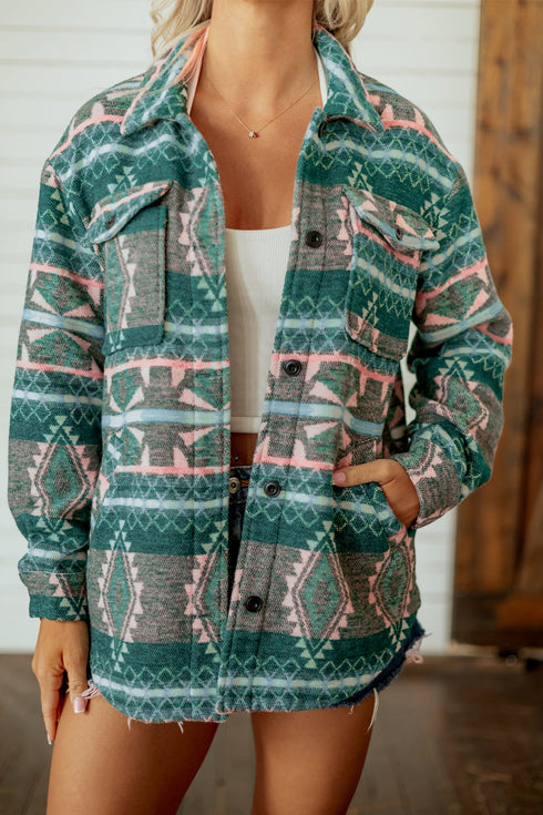 Geometric Print Button Front Long Sleeve Jacket