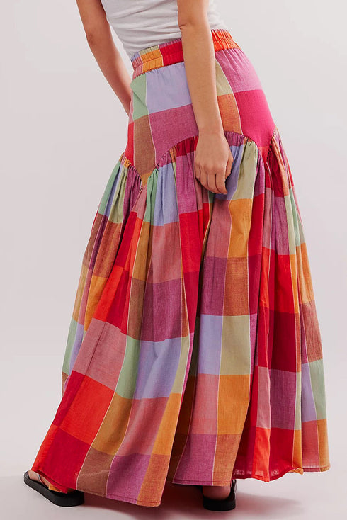 Bohemian Plaid Print Ruched High Waist Maxi Skirt