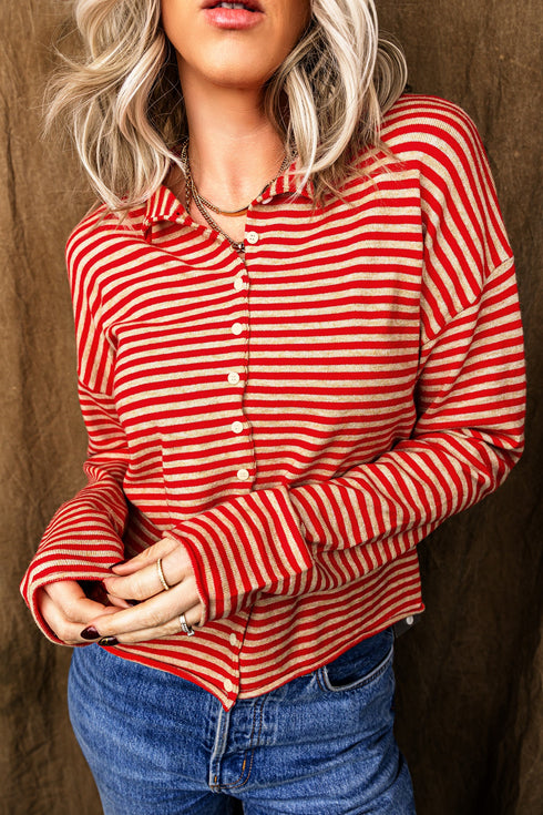 Striped Button Collar Long Sleeve Knit Cardigan