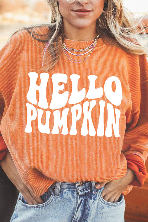 Hello Pumpkin Graphic Corded Texture Oversized Pullover Sweatshirt