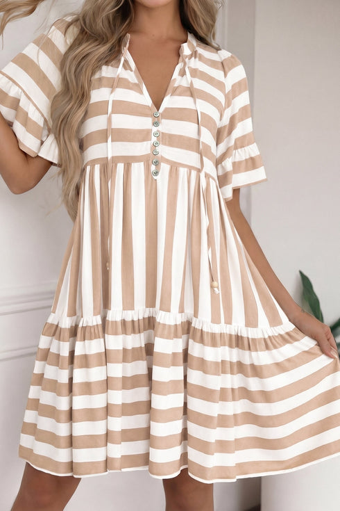 Striped Ruffle Trim Tie Front Short Sleeve Mini Dress