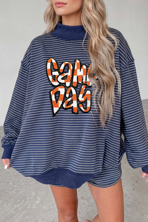 Striped Letter Print Long Sleeve Graphic Short Set