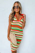 Striped Crochet Knit Collared Sleeveless Shift Dress